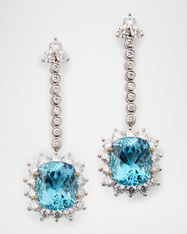 18K White Gold Diamond and Aquamaine Drop Earrings